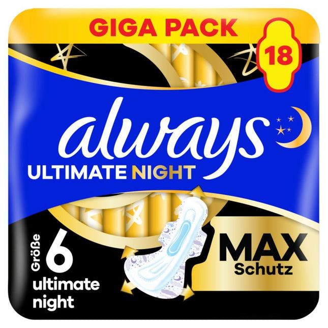 Always Ultimate Night Sanitary Pads (Size 6) with Wings 18 Count, Super Absorbent, For Periods