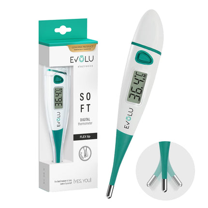 Evolu Waterproof Flexible Digital Thermometer Measurement in the mouth, rectum or armpit with flexible measuring tip in 10 seconds - Babies, children, adults - high precision - with storage box
