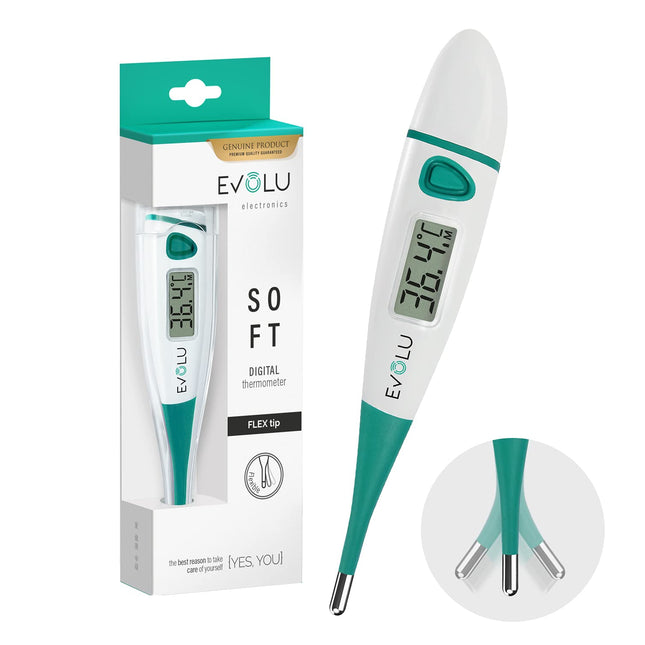 Evolu Waterproof Flexible Digital Thermometer Measurement in the mouth, rectum or armpit with flexible measuring tip in 10 seconds - Babies, children, adults - high precision - with storage box
