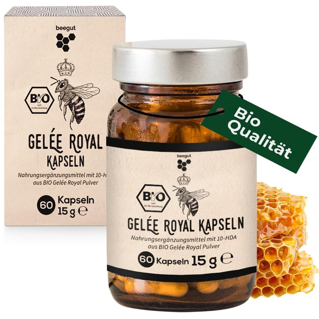 beegut ORGANIC Royal Jelly Capsules, 60 capsules each containing 170mg powder = 500mg pure royal jelly, sustainable packaging