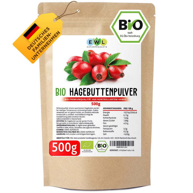 EWL Naturprodukte Organic Rosehip Powder 500g, Raw Rosehip Powder, Organic Rosehip Powder from Certified Organic Farming, Vegan