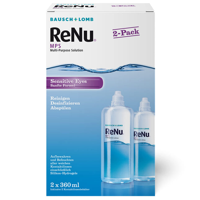 Bausch + Lomb ReNu MPS Sensitive Eyes Combination Solution - Contact Lens Cleaner and Storage Solution, Soft Contact Lenses, 2 x 360 ml, Transparent