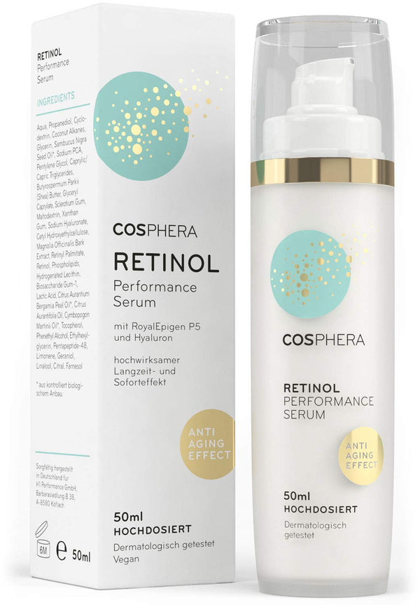 Cosphera - Retinol Performance Serum 50 ml - with hyaluronic acid - vegan high-dose concentrate gel for face, neck - anti-wrinkle moisturizing treatment for women and men