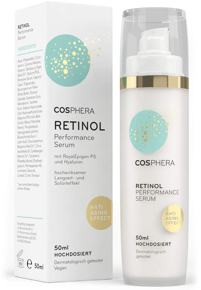 Cosphera - Retinol Performance Serum 50 ml - with hyaluronic acid - vegan high-dose concentrate gel for face, neck - anti-wrinkle moisturizing treatment for women and men