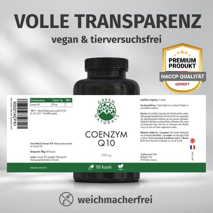Coenzyme Q10 high dose – 250mg per capsule – 180 vegan capsules – 6-month supply – high-quality Q10 derived from fermentation – Green Naturals®