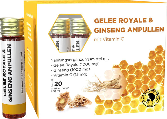 ACTIVE NATURAL HEALINGS Royal Jelly &amp; Ginseng Ampoules | 20 Ampoules | 1000mg Royal Jelly + 1000mg Ginseng + Vitamin C