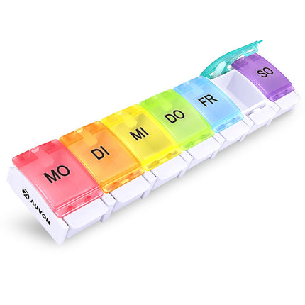 AUVON 7-day pill box, 7-compartment pill box, BPA-free medicine box with a unique design and large compartments for vitamin and fish oil tablets, medications, or supplements