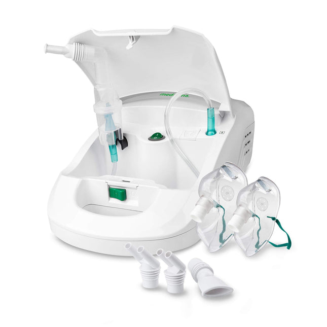 Medisana IN 550 Inhaler, inhalation device with mouthpiece and mask for adults and children, nebulizer inhaler for colds or asthma with extra accessories, integrated accessory compartment
