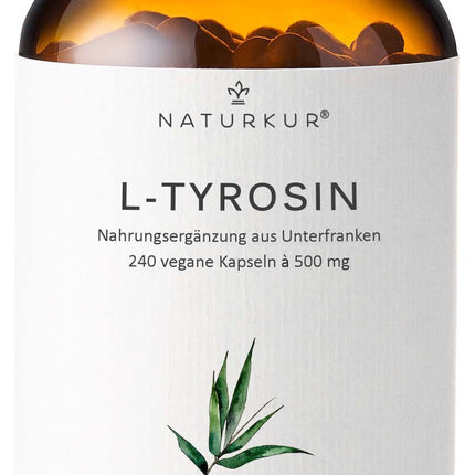 Naturkur® L-Tyrosine 500 mg - 240 capsules in a pharmacist's glass jar - Pure &amp; vegan with best bioavailability, handmade in Lower Franconia