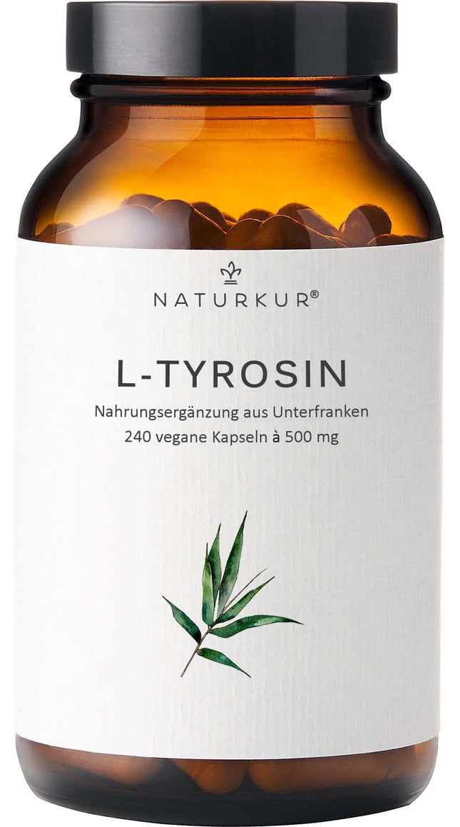 Naturkur® L-Tyrosine 500 mg - 240 capsules in a pharmacist's glass jar - Pure &amp; vegan with best bioavailability, handmade in Lower Franconia
