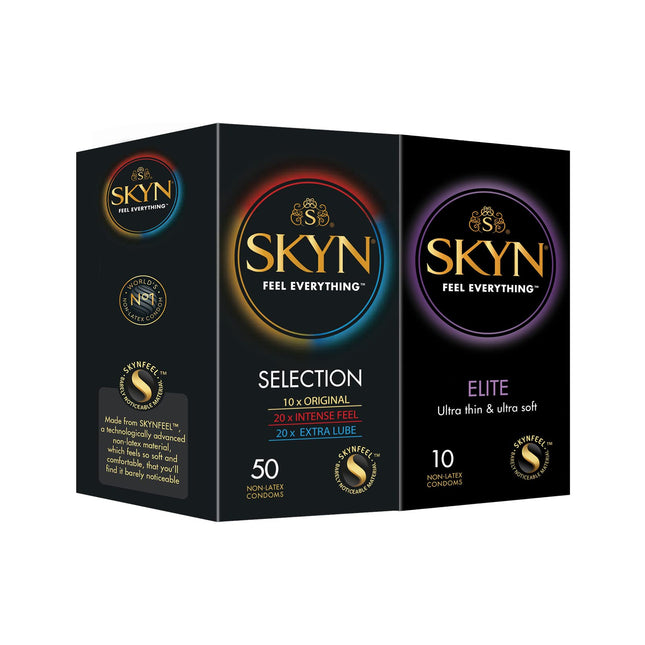 SKYN Selection Variety Box Set Condoms (50 pieces) &amp; Elite Condoms (10 pieces) | Variety Pack with 10 Original, 20 Intense Feel &amp; 20 Extra Lube Condoms, Thin Condoms, can be used with our Lubes