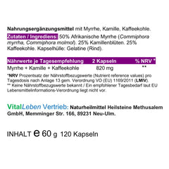 MYRRH + CHAMOMILE + COFFEE CHARCOAL 120 powder capsules for the stressed intestine according to AYURVEDA and Hildegard von Bingen - PURE NATURE - WITHOUT ADDITIVES [2 months] 27160-120