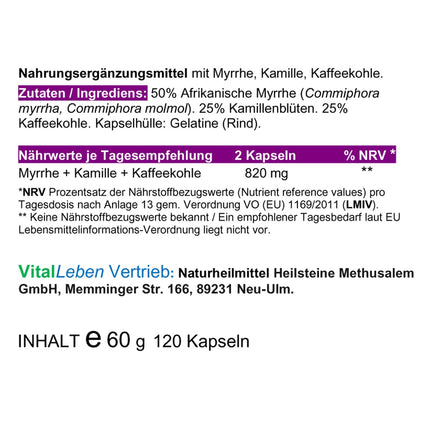 MYRRH + CHAMOMILE + COFFEE CHARCOAL 120 powder capsules for the stressed intestine according to AYURVEDA and Hildegard von Bingen - PURE NATURE - WITHOUT ADDITIVES [2 months] 27160-120