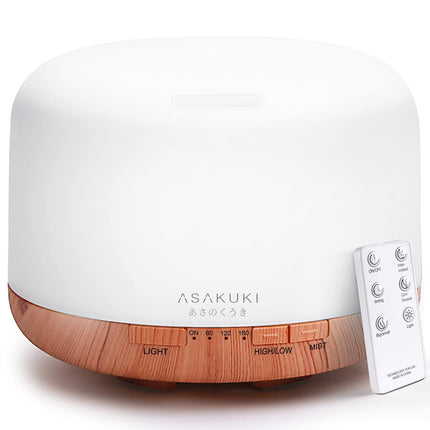 ASAKUKI Aroma Diffuser 500ML, Ultrasonic Aromatherapy Diffuser for Essential Oils, Humidifier with Remote Control, Automatic Shut-off when Waterless, and 7 Types of LED Light Colors