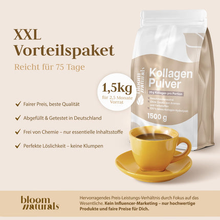 Collagen Powder 1500g (1.5 KG) - High Dosage &amp; Tasteless Collagen Hydrolysate Powder, Peptide Type 1 &amp; 3 - Collagen Peptides - Produced in Germany XXL Storage Pack