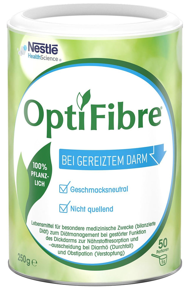 OptiFibre 250g can of soluble fiber for irritated bowels can restore the intestinal flora and normalize nutrient absorption. 100% plant-based, tasteless, easily soluble without swelling.
