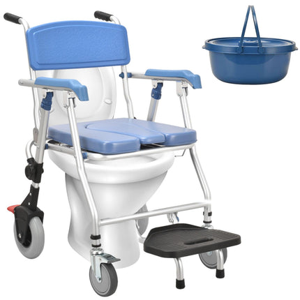 Toilet chair for seniors with wheels, multifunctional shower chair with wheels, foldable, blue shower toilet chair mobile with urine bucket, toilet wheelchair for the elderly and disabled comfort