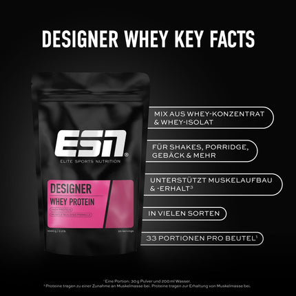 ESN Designer Whey Protein Powder, Vanilla, 1 kg, up to 23 g protein per serving, ideal for building and maintaining muscle - made in Germany