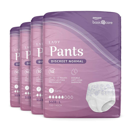 Amazon Basic Care Women's Unscented Panties, Discreet Large – 4 Packs of 7 (28 Pants), White
