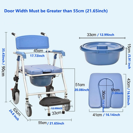 Commode Chair with Wheels for Seniors, Multifunctional Shower Chair, Folding Commode Chair with Urine Bucket, Commode Chairs for Elderly and Disabled, Load Capacity 120 kg