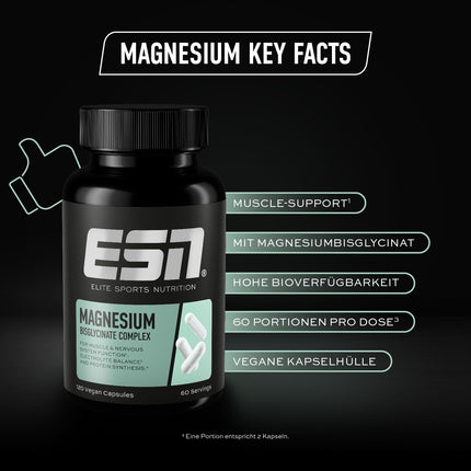 ESN Magnesium Capsules, 120 Capsules, 300 mg Magnesium per Daily Serving - Magnesium bisglycinate capsules, Energy support, high bioavailability - Made in Germany