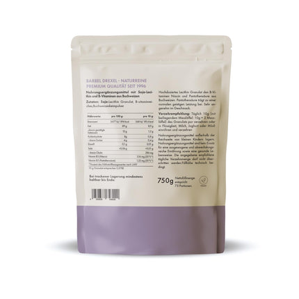 BÄRBEL DREXEL® Soy Lecithin Granules (750g) Pure lecithin 100% Vegan Made in Germany, without genetic engineering, unique active ingredient complex, unsaturated fatty acids + choline, B vitamins, buckwheat