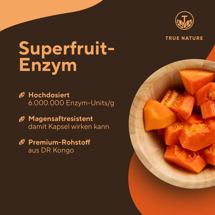 Papaya Enzyme Capsules - 270 Capsules - HIGH DOSE: 2100mg pure papain - 6 million units/g papain enzyme activity - Vegan, German production - TRUE NATURE®