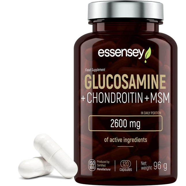 ESSENSEY - Glucosamine Chondroitin MSM I 2600 mg active ingredients per recommended daily dose I 120 Capsules I MSM 600 mg I 30 daily doses I Easy to swallow