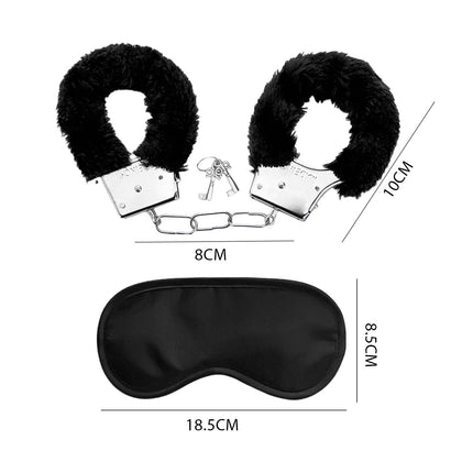 1 piece black plush police handcuffs with 2 keys, 1 blindfold, bondage sex props, metal jewelry accessories, suitable for parties, role play, bondage games