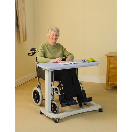 NRS Healthcare NRS EasyLift Overbed/Over Chair Table Modern Blue N43577 Height Adjustable - Curved Wheelchair Base