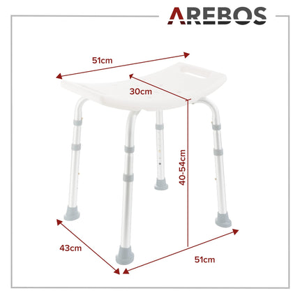 Arebos Shower Stool | Height-adjustable | Aluminum frame | Anti-slip rubber feet | Seat with safety handles | Shower aid | Shower chair | Shower seat | Bath stool | Bathtub seat | for seniors