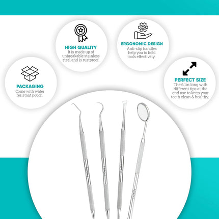 Dental care set of 4 premium teeth cleaning tartar remover dental probe mouth mirror scaler made of stainless steel