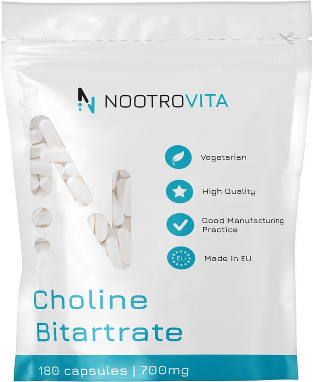 High Dose Choline - 700mg per Capsule - 180 Capsules | 6 Month Supply | *Liver Cleanse, Homocysteine ​​&amp; Lipid Metabolism (EFSA) | Vegan Choline Bitartrate | Nootrovita