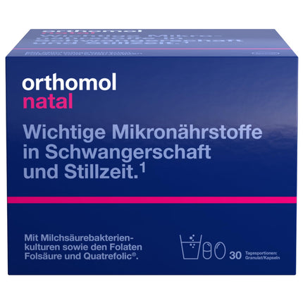 Orthomol Natal - Micronutrients for pregnancy and breastfeeding - with folic acid, other vitamins and zinc - Granules/Capsules, 30 daily portions