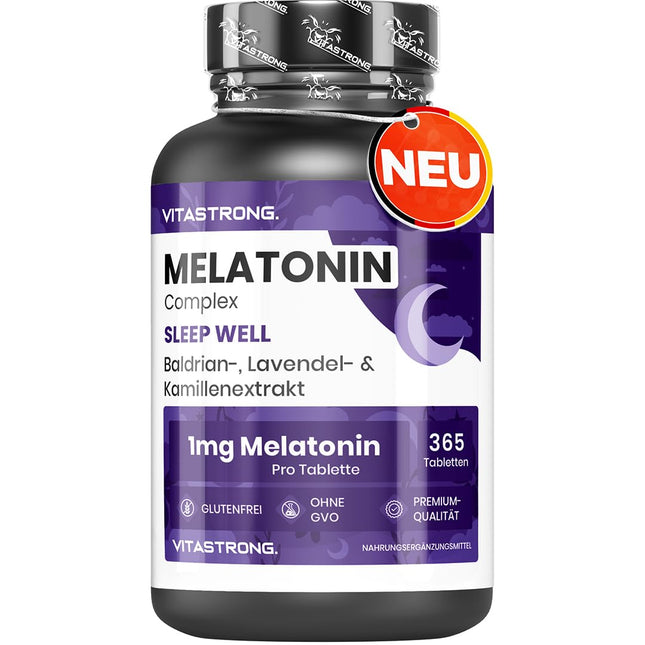 Melatonin Vitastrong Complex, 365 micro-tablets, high dose with chamomile, valerian, lavender and vitamin B6, melatonin tablets for sleep quality and jet lag, sugar-, gluten- and GMO-free