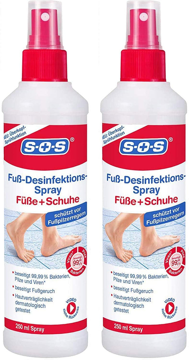 SOS Foot Disinfectant Spray | As a foot spray: Protects against athlete's foot | As a shoe spray: Eliminates sweat &amp; foot odor 2x250ml Foot Disinfectant Spray
