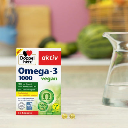 Doppelherz Omega-3 1000 vegan - High-dose omega-3 fatty acids EPA and DHA from vegetable algae oil - 120 small, easy-to-swallow capsules