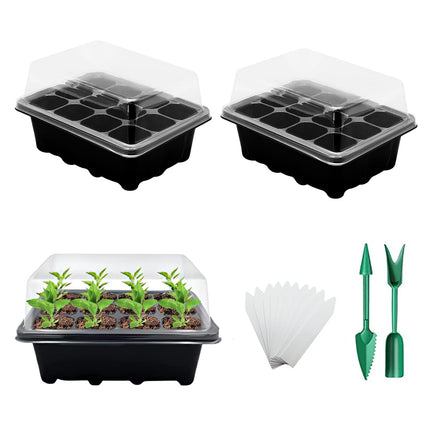 FainFun Indoor Greenhouse Propagator, 3-Piece Small Propagation Tray Set with Lid, Mini Reusable Plastic Propagation Tray, Greenhouse Set with 2 Small Garden Tools + 10 Plant Labels