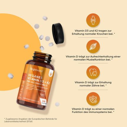 Vitamin D3 + K2 Vegan - 4000 IU per serving - 240 tablets with 125μg vitamin K2 menaquinone - 1 tablet/4 days - 98% all-trans K2 MK7 - Free from magnesium stearate - Sunshine vitamin from WeightWorld