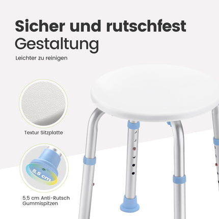 HEAO round shower stool for indoor showers, height-adjustable bathroom stool, load capacity 136 kg, with non-slip rubber tips, shower chair for seniors and disabled people