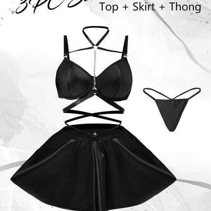 EVELIFE Women's Sexy Leather Dress Set, Halterneck Metal Chain Push Up Bra, Wetlook Lingerie Underwear Curvy Elegant Faux Leather Party Rave Club Outfit Mini Dress Underwear Women (Black, XXL)
