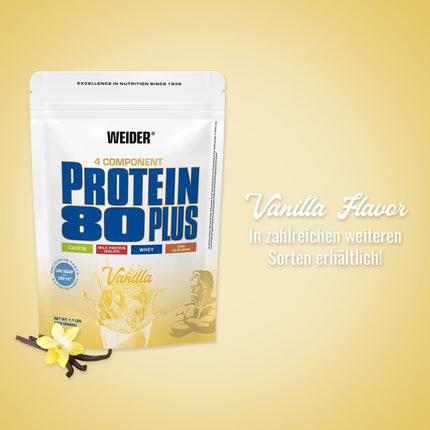 Weider - Protein 80 Plus - 4-component protein powder - High protein content with 80% protein - Creamy shakes with calcium &amp; vitamin B6 - 500g - Vanilla