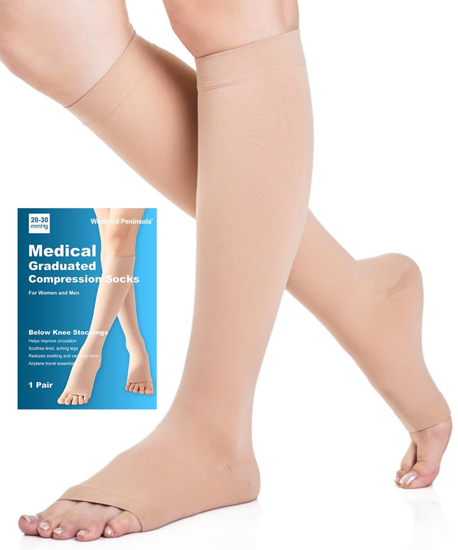 Open Toe Medical Compression Stockings Women &amp; Men 20-30 mmHg Class 2, Size S-4XL, Compression Socks Support Stockings for Varicose Veins Edema Flight (Beige, M)