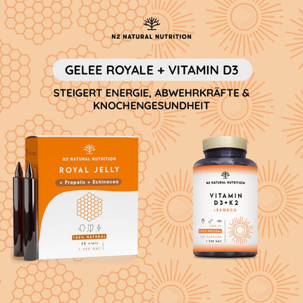 Pure Royal Jelly with Propolis, Vitamin C, and Echinacea. 30 ampoules, 2000 mg. Reduces fatigue and other symptoms, increases energy and vitality, and strengthens metabolism. N2 Natural Nutrition