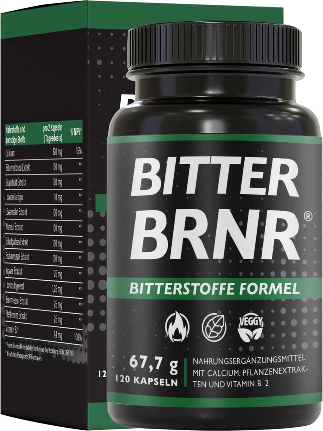 BRNR BITTER BRNR Bitter Formula and Metabolism Complex with Vitamin B2, Digestive Enzymes with Calcium, Alternative to Bitter Drops, 120 Capsules