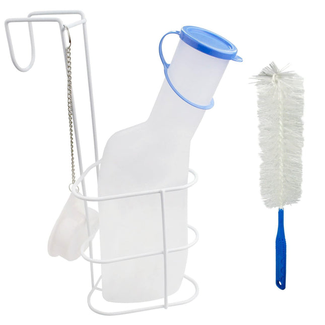 Medi-Inn Urinal Bottle PP 1000 ml for Men Milky with Bed Holder and Cleaning Brush