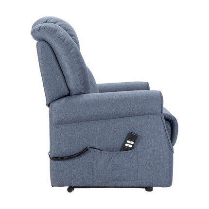 Sime FR-1 ADJUSTABLE electric recliner with vibrating massage. Combined backrest and footrest inclination. 4 wheels move the user. Non-deformable seat, dirt-repellent, stand-up aid. Denim Blue.