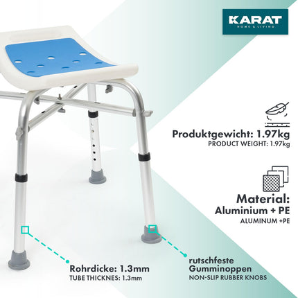 KARAT shower stool - height-adjustable shower chair 37.5-49.5 cm - load capacity up to 136 kg - non-slip &amp; stable shower seat - bathtub stool - anti-slip rubber feet (without cross braces)