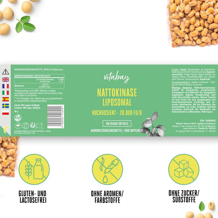 Vitabay Nattokinase Capsules High Dose 20,000 FU - Liposomal &amp; Vegan - 180 Nattokinase Capsules - Enzyme Natto Fermented Soybeans - Nattokinase High Dose Tablets Natokinase L