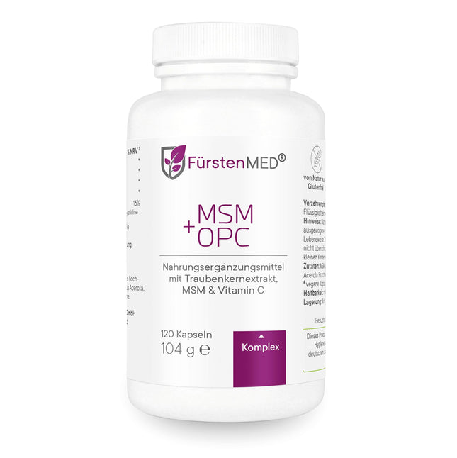 FürstenMED® MSM + OPC Capsules High-dose with 1710mg MSM powder + 180mg OPC &amp; Vitamin C (from Acerola) per daily dose - 120 Capsules, Vegan, Laboratory-tested &amp; No additives